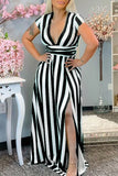 Fashion Casual Striped Print Slit V Neck Short Sleeve Dress