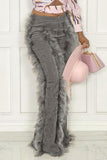 Fashion Solid Split Joint Feathers Boot Cut High Waist Speaker Solid Color Bottoms