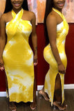 Sexy Strapless Printed Yellow Sleeveless Dress
