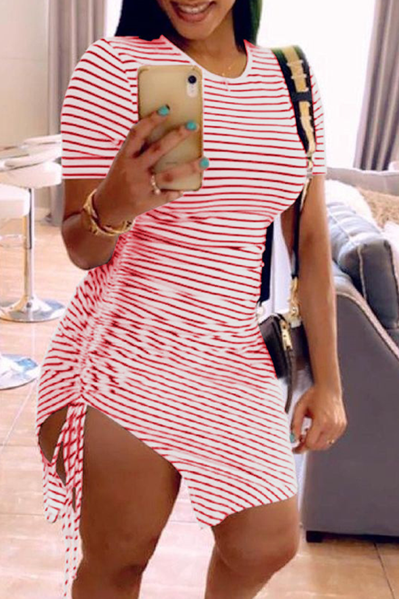 Casual Striped Split Joint O Neck Pencil Skirt Dresses