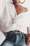 Fashion Halter V-Neck Knotted White Sweater