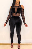 Sexy Mesh Stitching Velvet Long Sleeves Off Shoulder Jumpsuit