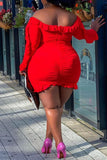 Fashion Sexy Solid Backless Off the Shoulder Long Sleeve Plus Size Dresses