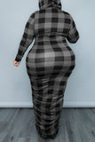 Casual Plaid Print Patchwork Hooded Collar One Step Skirt Plus Size Dresses