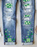 St. Patrick's Day Lucky Shamrock Print Patchwork Ripped Jeans