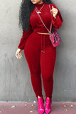 Casual Long Sleeves Red Blending Two-piece Pants Set