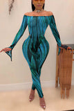 Sexy Striped Split Flare Sleeve Blue Green Two-Piece Suit