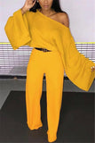 Fashion Casual Polyester Twilled Satin Solid Pullovers Pants Oblique Collar Long Sleeve Flare Sleeve Regular Two Pieces