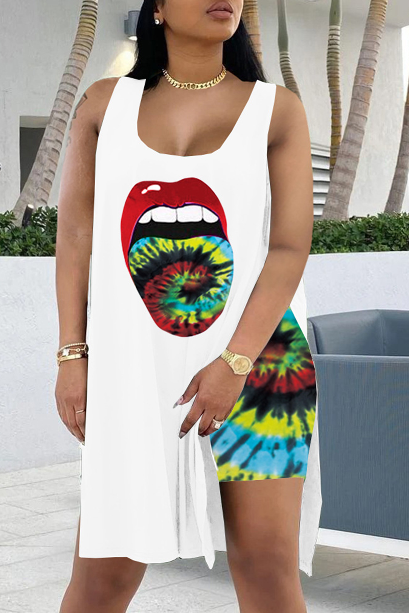 Sexy Print High Opening U Neck Sleeveless Two Pieces