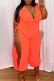 Sexy Solid Split Joint High Opening V Neck Plus Size Jumpsuits