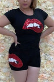 Fashion Sequin Lip Pattern T-Shirt Black Shorts Set