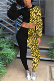 Fashion Lantern Sleeve Leopard Stitching Yellow Two-Piece Suit
