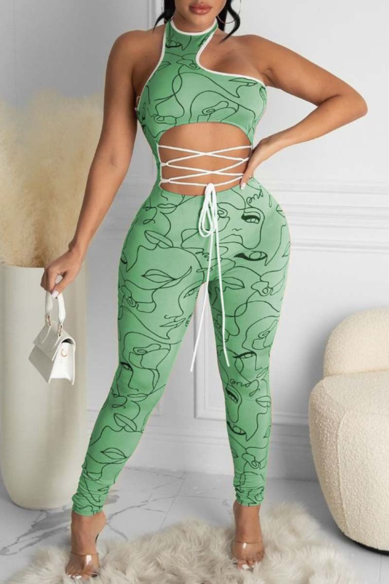 Fashion Sexy Print Hollowed Out Backless O Neck Skinny Jumpsuits