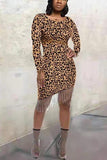 Sexy Round Neck Leopard Printing Brown Dress