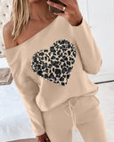 Cheetah Heart Print Beaded Top & Drawstring Pants Set