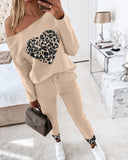 Cheetah Heart Print Beaded Top & Drawstring Pants Set