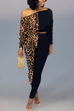 Sexy Leopard Print Off Shoulder Black Two-Piece Suit