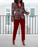 Plaid Print Shawl Collar Blazer Coat & Pants Set