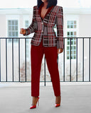 Plaid Print Shawl Collar Blazer Coat & Pants Set