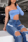 Sexy Street Solid Ripped Make Old Split Joint High Waist Regular Denim Jeans