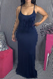 Polyester Fashion Sexy adult Blue Pink Spaghetti Strap Sleeveless Slip A-Line Floor-Length Patchwork tassel Solid backless Dresses