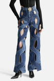 Casual Patchwork Hollowed Out Contrast High Waist Straight Denim Jeans