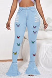 Fashion Casual Butterfly Print Ripped High Waist Skinny Denim Jeans