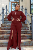 Sexy Fashion Hollow Solid Split Long Sleeve O Neck Jumpsuits