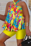 Casual Daily Mixed Printing Color Block Hollowed Out Printing Contrast Halter Sleeveless Two Pieces