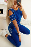 Fashion Casual Short Sleeve Top Trousers Blue Set