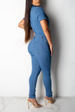 Fashion Casual Short Sleeved Light Blue Jumpsuit