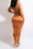 Fashion Sexy Solid Hollowed Out Backless Slit Halter Evening Dress