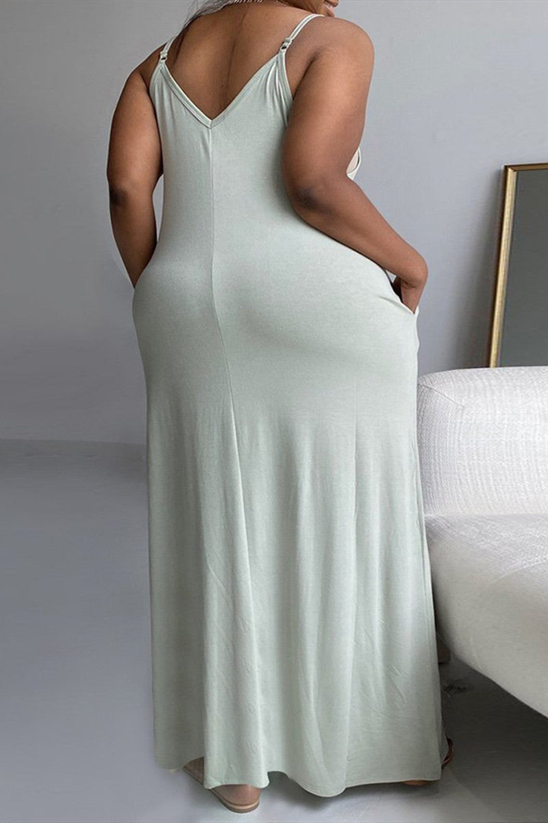 Sexy Casual Plus Size Solid Backless V Neck Sling Dress