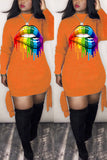 Casual Digital Print Lips Long Sleeve Orange Dress
