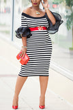 Fashion Striped Print Puff Sleeve Black Slim Dress