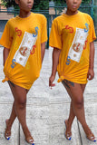 Fashion Casual Printed Yellow Short Sleeve Dress