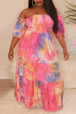 Casual Patchwork Tie-dye Off the Shoulder Cake Skirt Plus Size Dresses