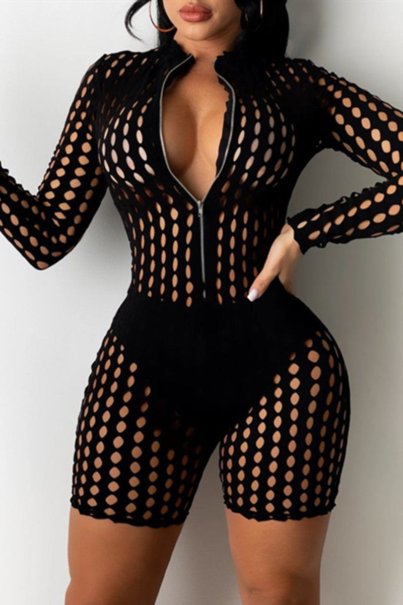 Fashion Sexy Solid Hollowed Out See-through Zipper Collar Skinny Romper