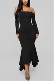 Fashion Off The Shoulder Long Sleeves One word collar Step Skirt Mid-Calf Solid Long Slee