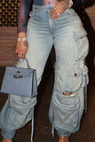 Casual College Solid Ripped Make Old Patchwork Pocket High Waist Denim Jeans