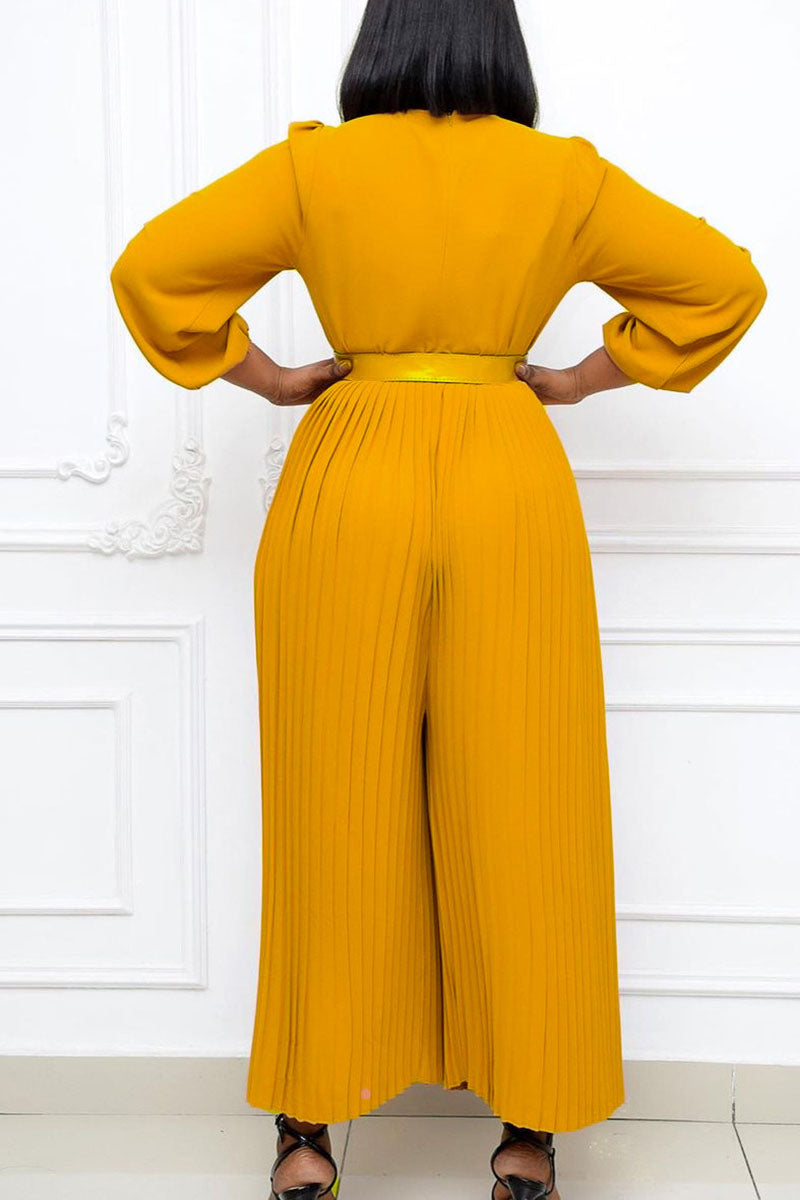 Casual Elegant Solid Split Joint With Belt O Neck Straight Jumpsuits