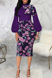 Casual Elegant Print Patchwork With Bow Half A Turtleneck One Step Skirt Dresses