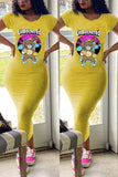 Fashion Cartoon Print Yellow Short Sleeve Dress