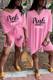 Fashion Letter Printed V-neck Top Pink Casual Set