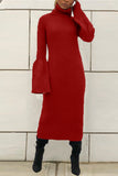 Fashion Warm Turtleneck Trumpet Sleeves Wine Red Dress