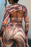Fashion Sexy Print Bandage Hollowed Out Asymmetrical Long Sleeve Two Pieces