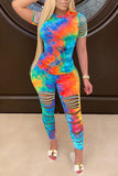 Fashion Casual adult O Neck Patchwork Print Hole Tie Dye Burn-out Two Piece Suits Stitching Plus Size