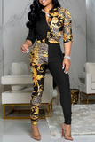 Casual Print Split Joint Turndown Collar Long Sleeve Two Pieces
