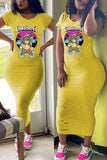 Fashion Cartoon Print Yellow Short Sleeve Dress
