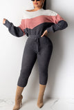 Casual Contrast Color Patchwork Belted Sweater Pink Two Piece Suit